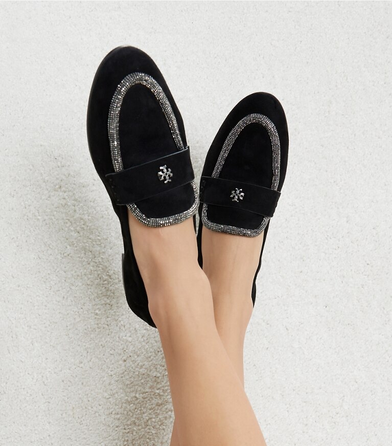 Tory Burch designer loafers Ballerina-Loafer aus Wildleder in PERFECT BLACK / CRYSTAL angle