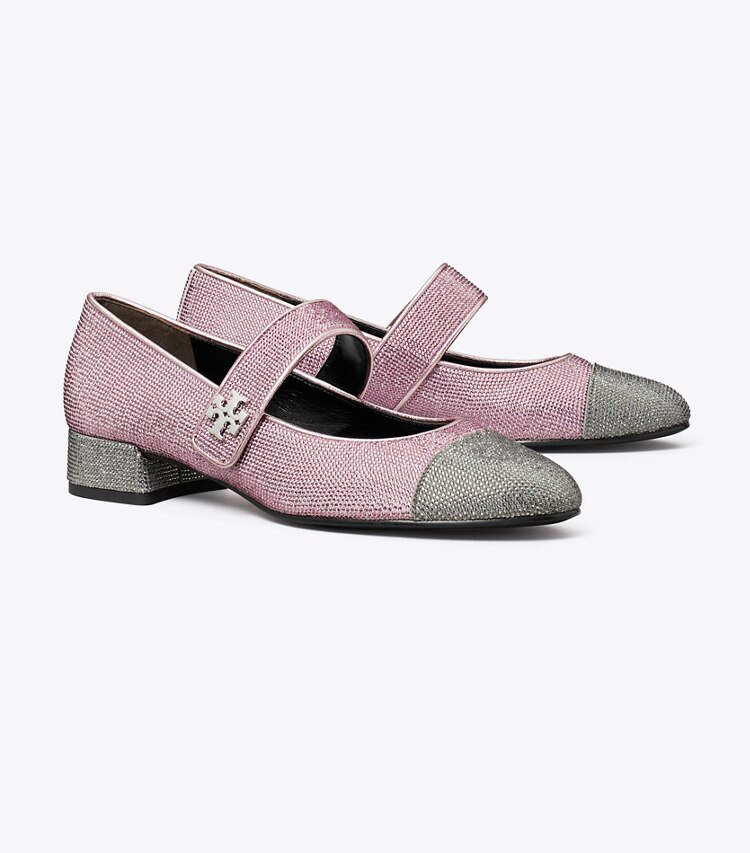 Tory Burch designer mocassini Ballerina Mary Jane con punta, tacco e pavé in GRAY STONE / SPARKLE PINK angle