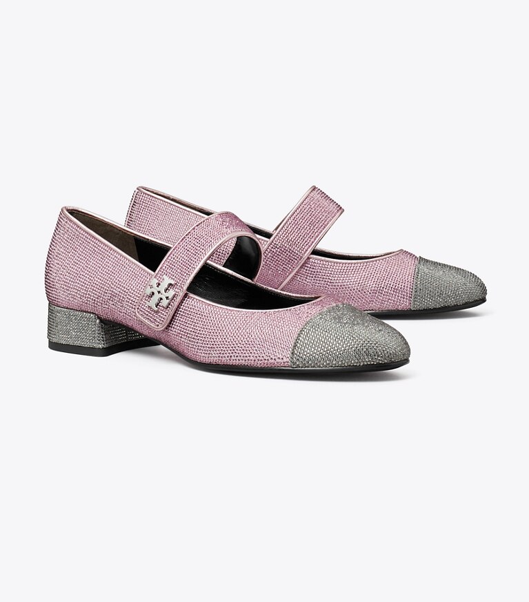 Tory Burch designer mocassini Ballerina Mary Jane con punta, tacco e pavé in GRAY STONE / SPARKLE PINK angle