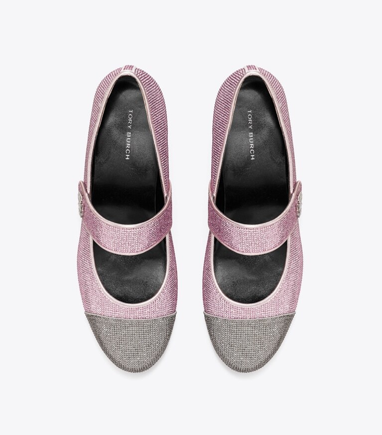 Tory Burch designer mocassini Ballerina Mary Jane con punta, tacco e pavé in GRAY STONE / SPARKLE PINK angle