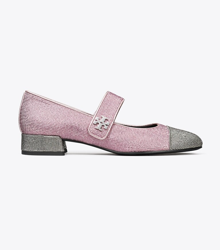 Tory Burch designer mocassini Ballerina Mary Jane con punta, tacco e pavé in GRAY STONE / SPARKLE PINK angle