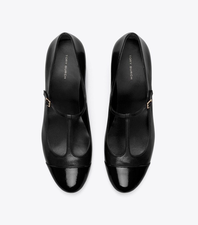 Tory Burch designer loafers Ballerina mit T-Riemchen und Zehenkappe in PERFECT BLACK / PERFECT BLACK angle