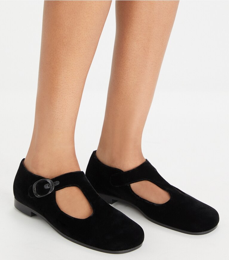 Tory Burch designer mocassini Ballerina Violet con cinturino a T in PERFECT BLACK angle