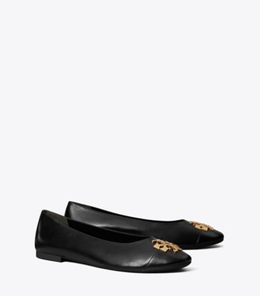 Tory Burch diseñador zapatos planos Ballerinas Charlie en PERFECT BLACK / GOLD ángulo