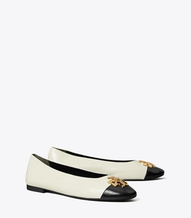 Tory Burch diseñador zapatos planos Ballerinas Charlie en LIGHT CREAM / PERFECT BLACK / GOLD ángulo