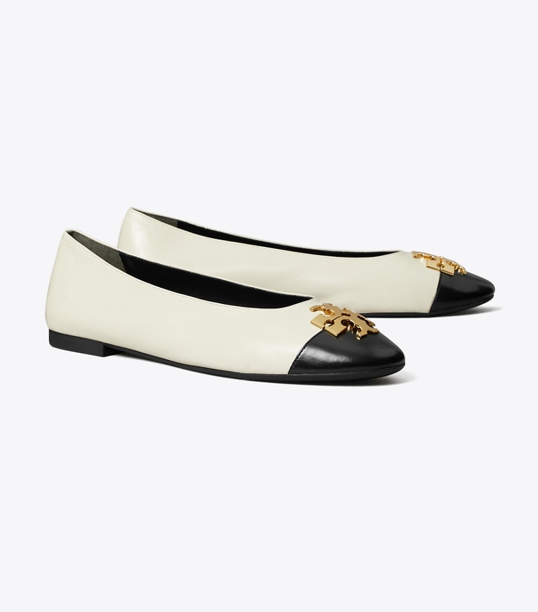 Tory Burch diseñador zapatos planos Ballerinas Charlie en LIGHT CREAM / PERFECT BLACK / GOLD ángulo