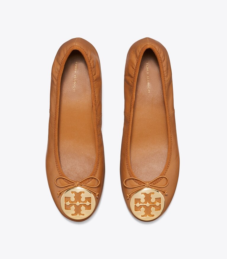 Tory Burch diseñador zapatos planos Ballerinas con tacón Reva en PECAN PRALINE / GOLD vista superior
