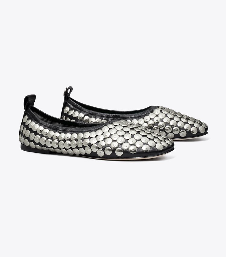 Tory Burch diseñador zapatos planos Ballerinas con tachuelas en PERFECT BLACK ángulo