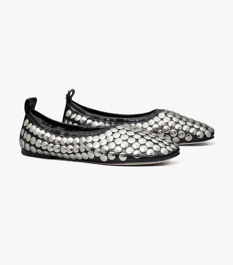 Tory Burch diseñador zapatos planos Ballerinas con tachuelas en PERFECT BLACK ángulo