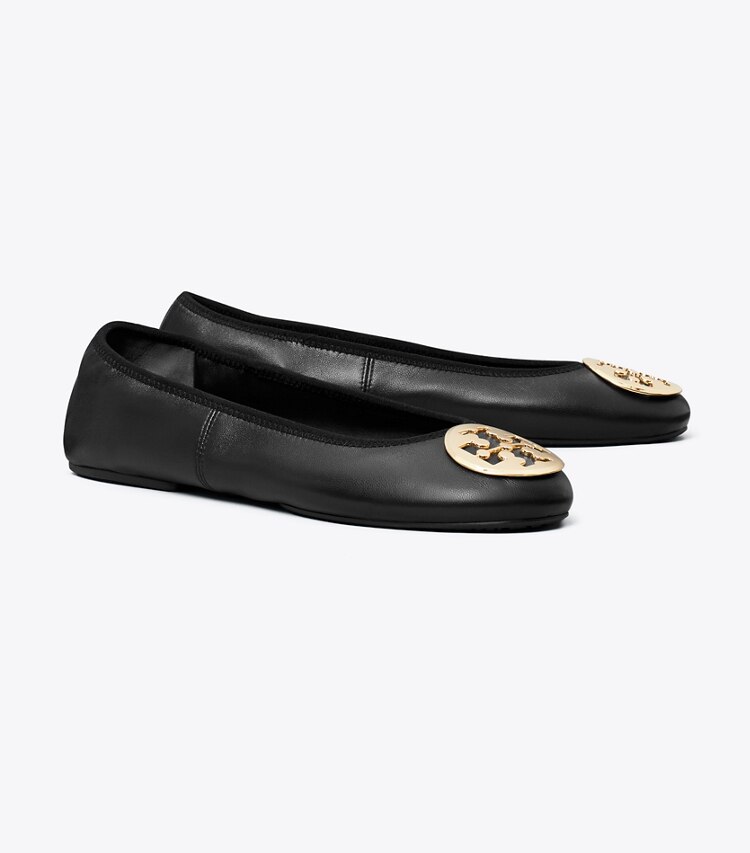Tory Burch diseñador zapatos planos Ballerinas de viaje Reva en PERFECT BLACK / GOLD ángulo