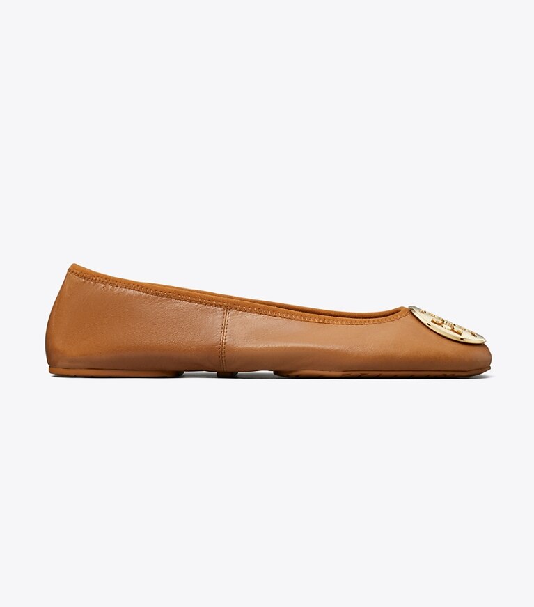 Tory Burch diseñador zapatos planos Ballerinas de viaje Reva en PECAN PRALINE / GOLD lateral