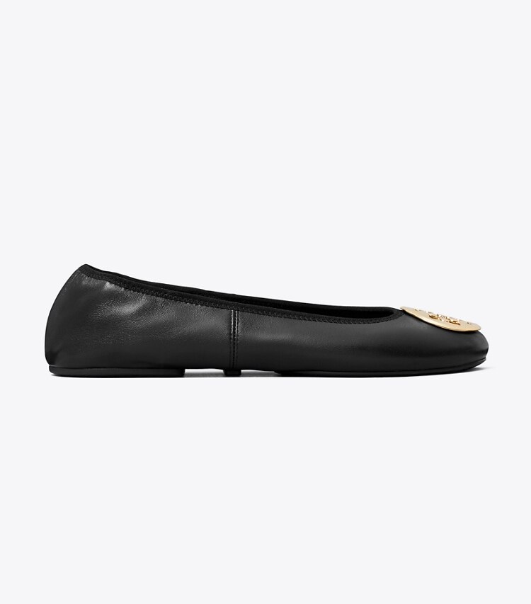 Tory Burch diseñador zapatos planos Ballerinas de viaje Reva en PERFECT BLACK / GOLD lateral