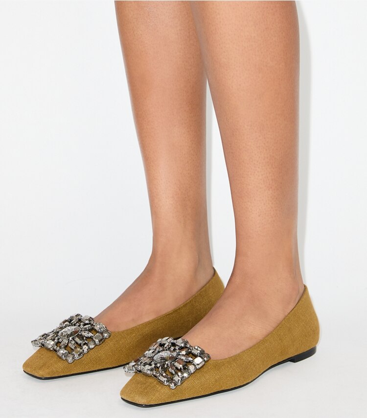Tory Burch diseñador zapatos planos Ballerinas Georgia Crystal en GOLDEN OCHRE accesorio en modelo