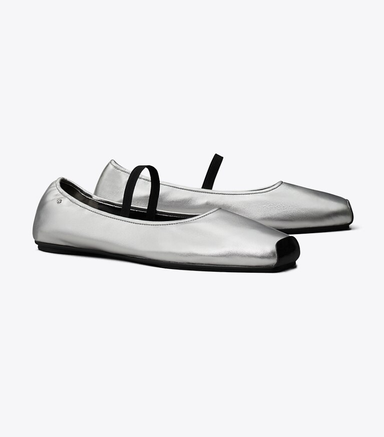 Tory Burch diseñador zapatos planos Ballerinas Runway en SILVER / PERFECT BLACK ángulo