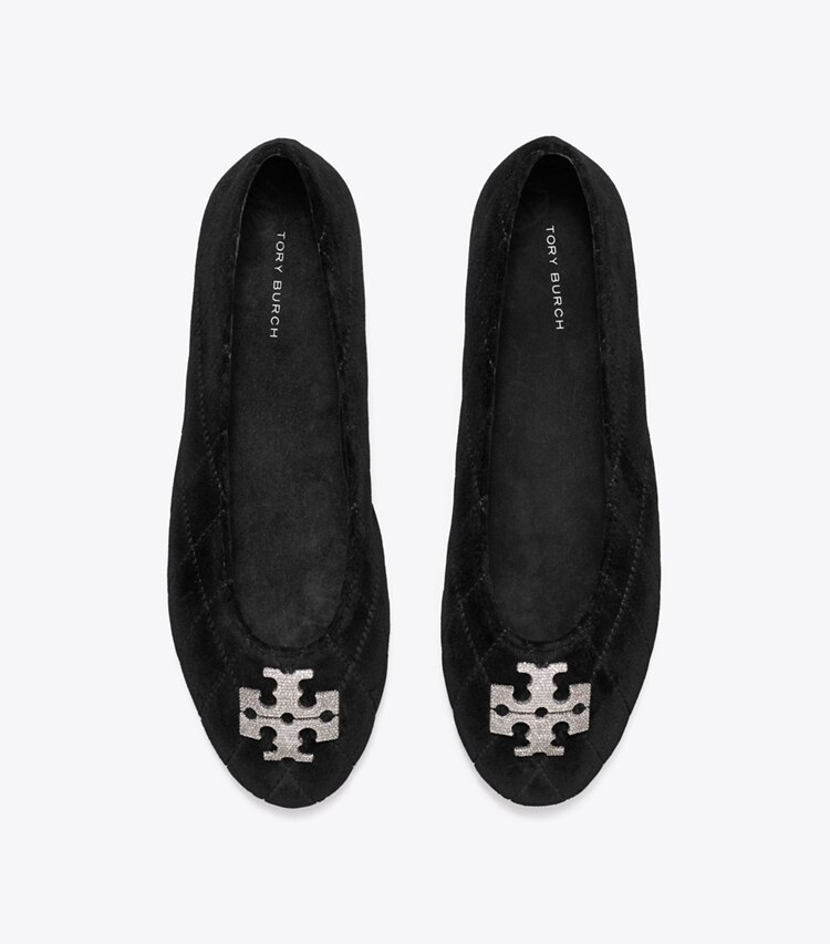 Tory Burch designer mocassins Ballerine Charlie matelassée ornée de pavés dans PERFECT BLACK vue du dessus