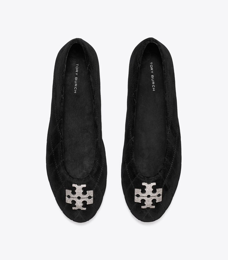 Tory Burch designer mocassins Ballerine Charlie matelassée ornée de pavés dans PERFECT BLACK vue du dessus