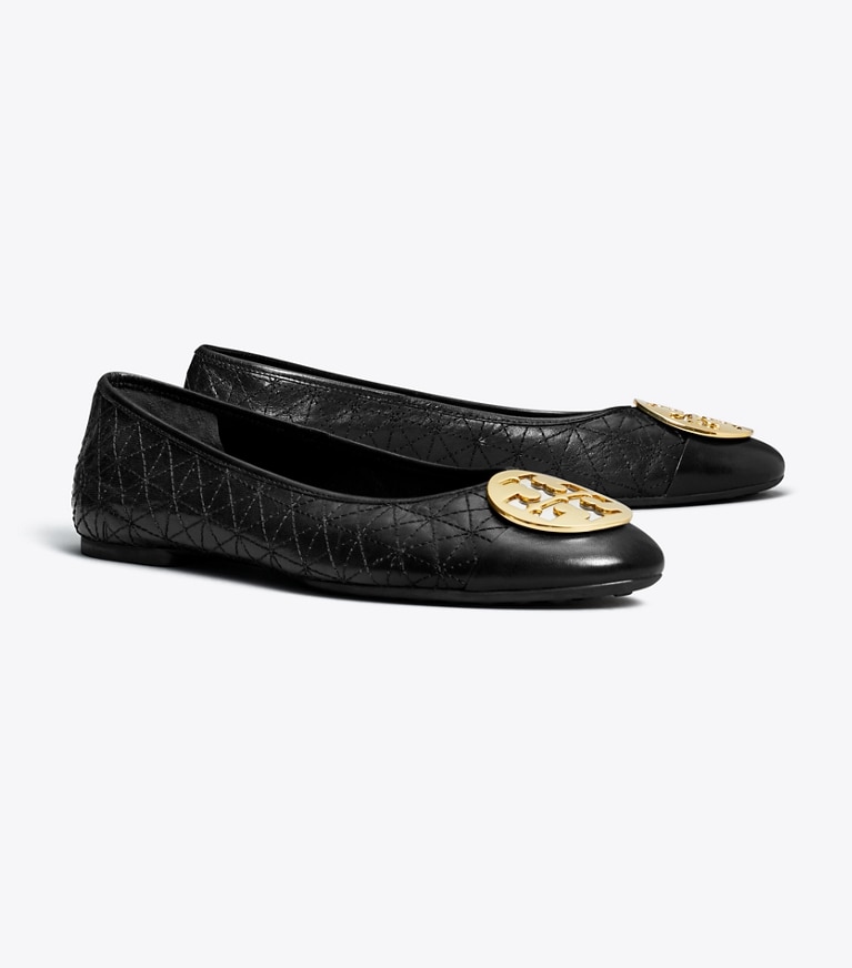 Tory Burch designer mocassins Ballerines Claire en cuir matelassé in PERFECT BLACK / GOLD / SILVER angle