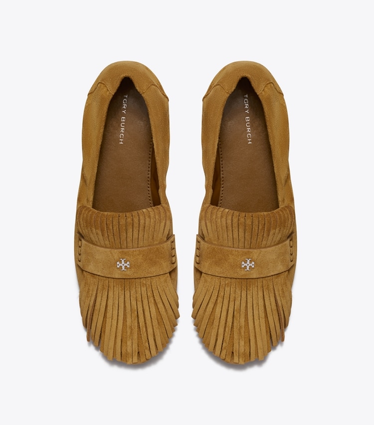 Tory Burch designer flats Ballet Fringe Loafer in WILD TABACCO overhead