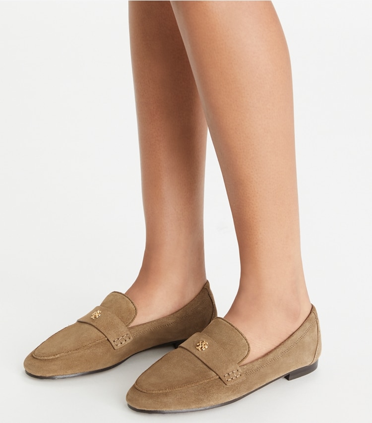 Tory Burch designer flats Ballet Loafer in River Rock accessory on model