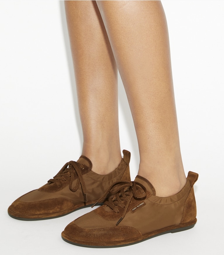 Tory Burch designer sneakers Ballet Sneaker in DRY MESA / COGNAC BROWN angle