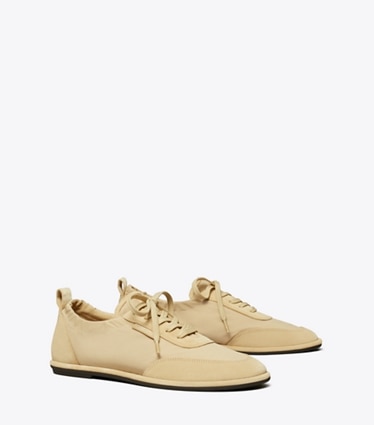 Tory Burch designer sneakers Ballet Sneaker in LIGHT DUNE / PRALINE angle