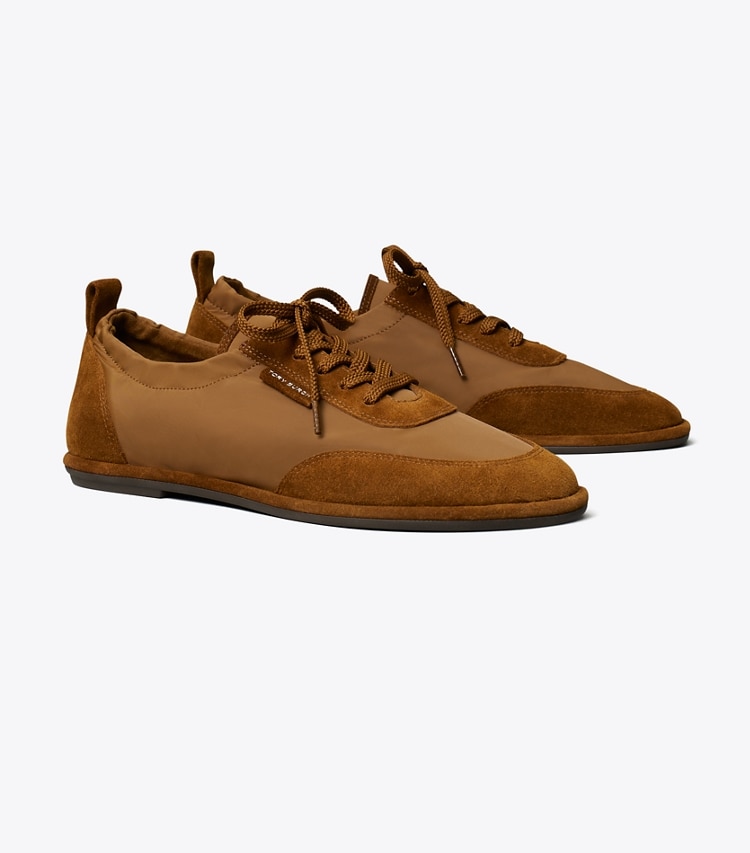 Tory Burch designer sneakers Ballet Sneaker in DRY MESA / COGNAC BROWN angle