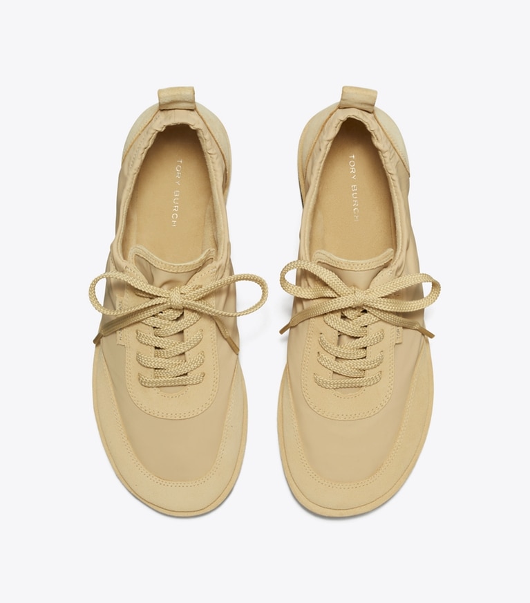 Tory Burch designer sneakers Ballet Sneaker in LIGHT DUNE / PRALINE angle