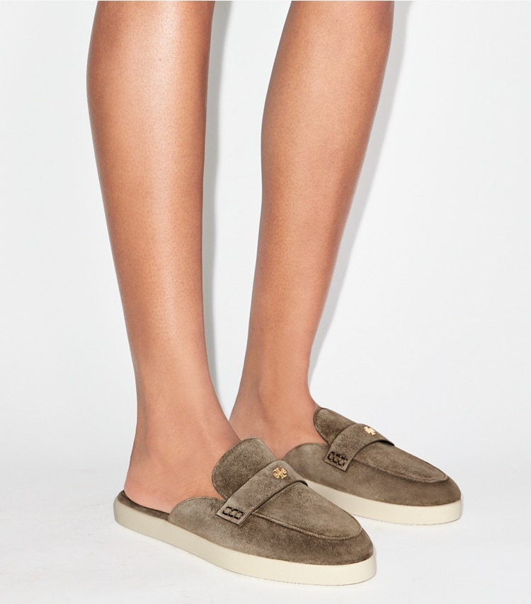 Tory Burch designer flats Ballet Sport Mule in TOASTED SESAME accessory on model