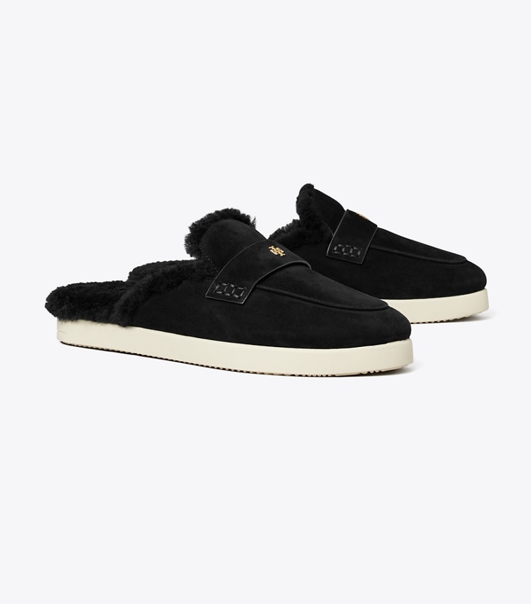 Tory Burch designer flats Ballet Sport Shearling Mule in PERFECT BLACK angle
