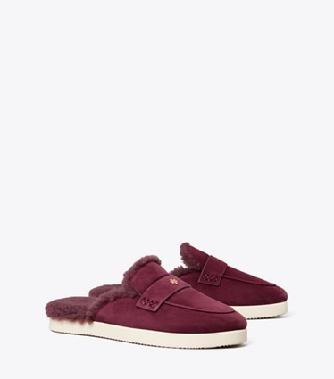 Tory Burch designer flats Ballet Sport Shearling Mule in DARK CARMINE angle