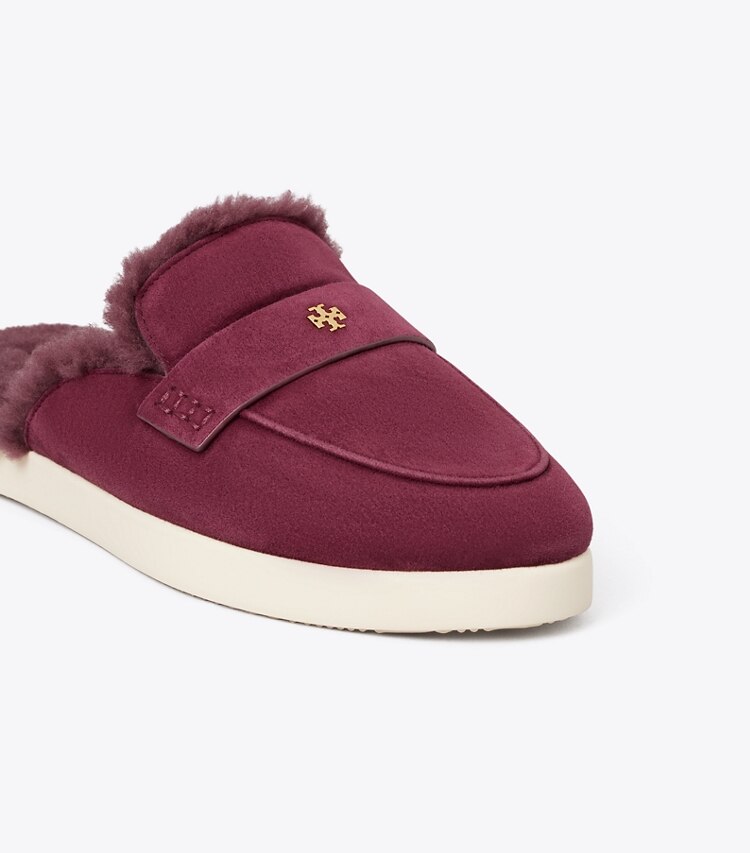 Tory Burch designer flats Ballet Sport Shearling Mule in DARK CARMINE detail