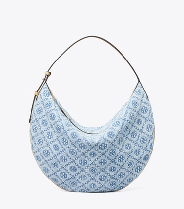 Tory Burch designer hobo bags Balloon Bag aus Denim mit T-Monogramm in Powder Blue front