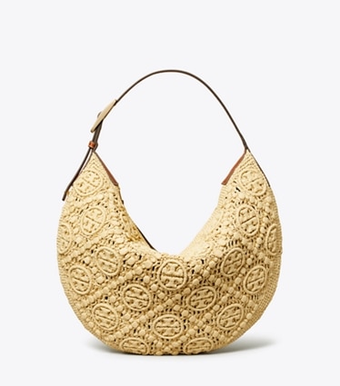 Tory Burch designer hobo bags Balloon Bag aus Raffiabast mit T-Monogramm in Natural front