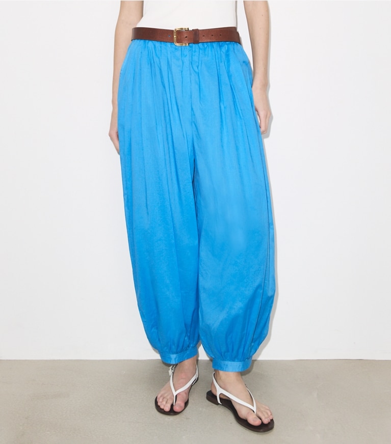 Tory Burch designer bottoms Balloon Pant in Bay Blue on model detail