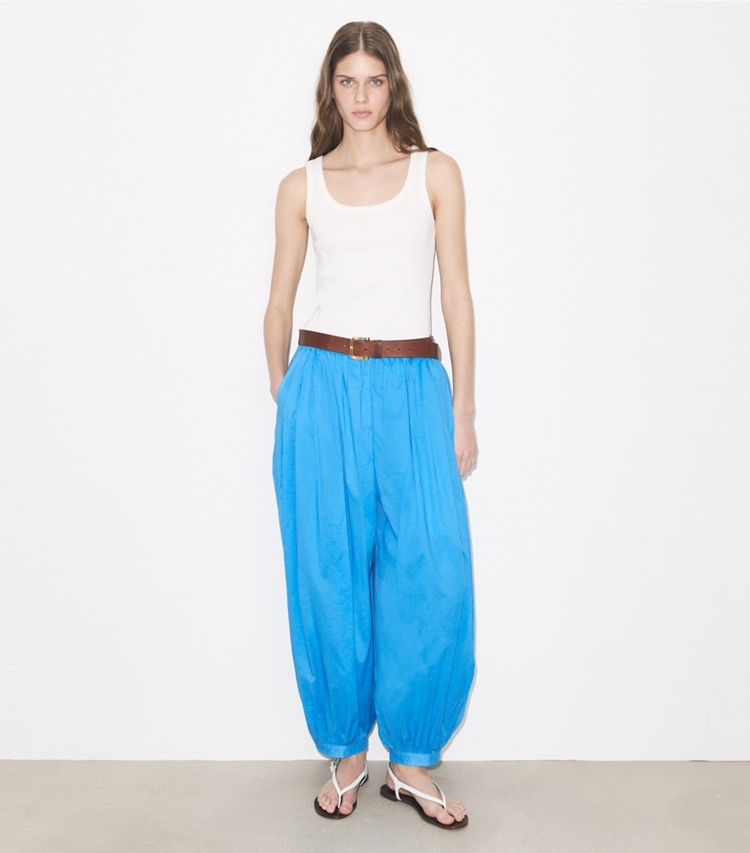 Tory Burch designer bottoms Balloon Pant in Bay Blue on model front