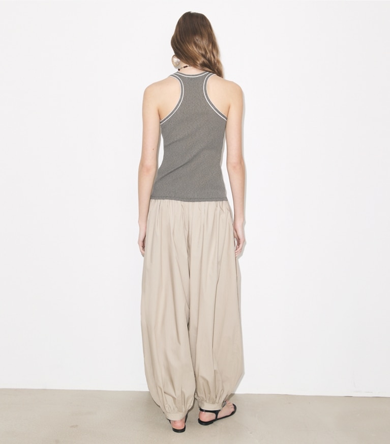 Tory Burch designer bottoms Balloon Pants in Gray on model back