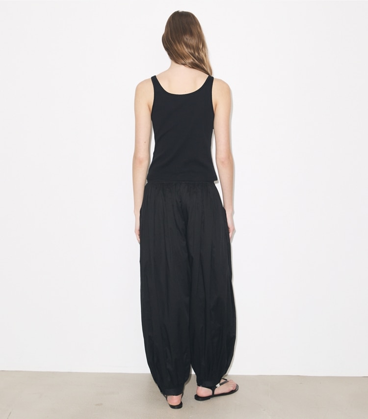 Tory Burch designer bottoms Balloon Pants in BLACK on model back