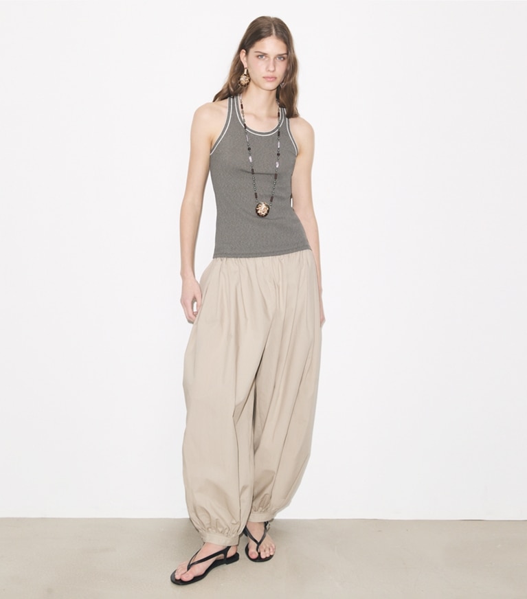 Tory Burch designer bottoms Balloon Pants in Gray on model front