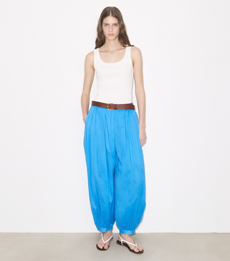 Tory Burch designer bottoms Balloon Pants in Bay Blue on model front