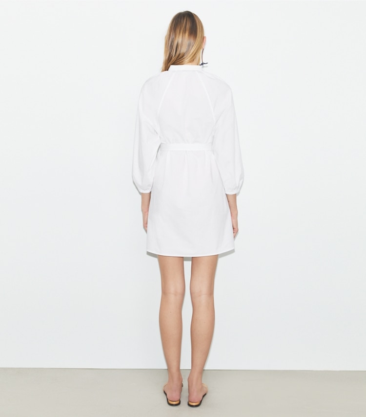 Tory Burch designer coverups Balloon Sleeve Cotton Tunic Dress in White / White on model back