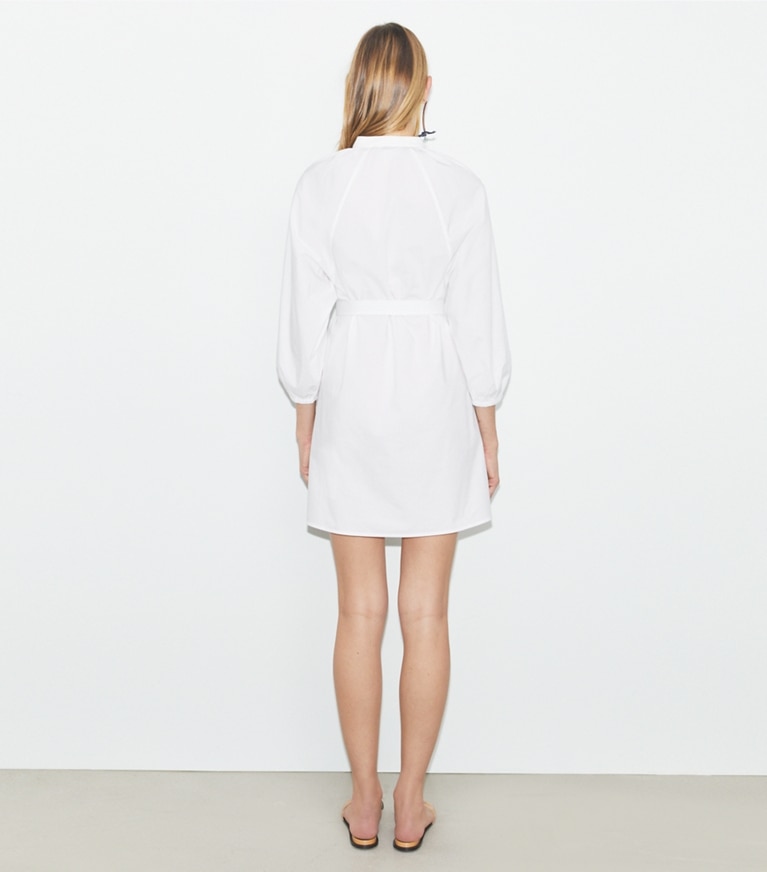 Tory Burch designer coverups Balloon Sleeve Cotton Tunic Dress in White / White front