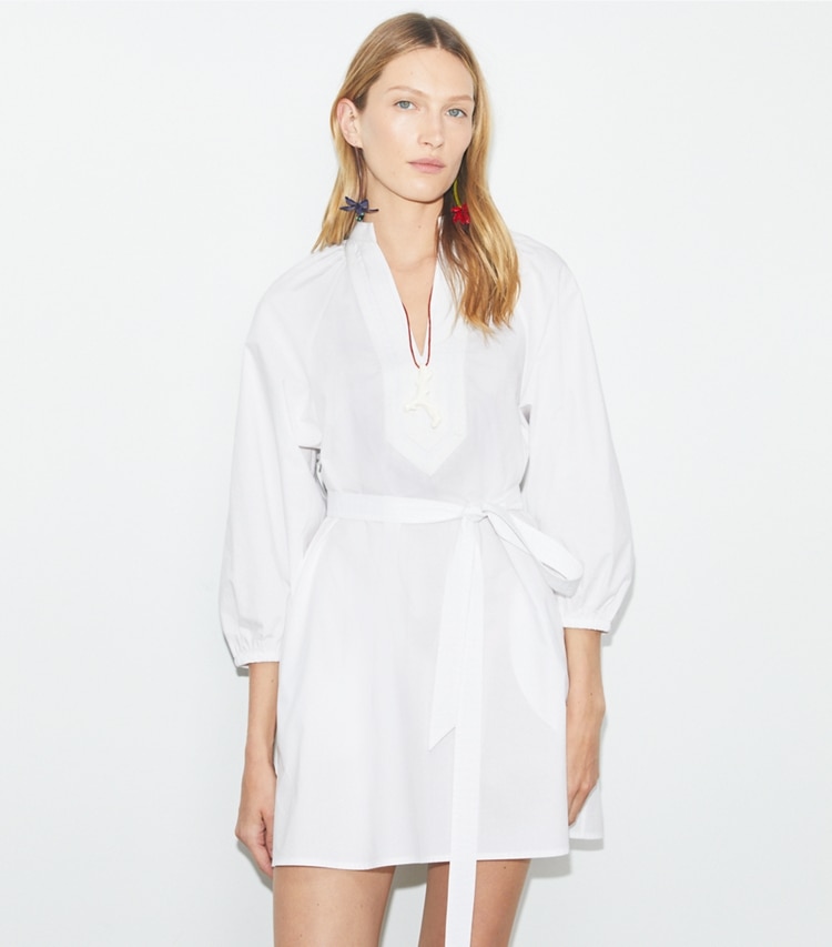 Tory Burch designer coverups Balloon Sleeve Cotton Tunic Dress in White / White on model detail