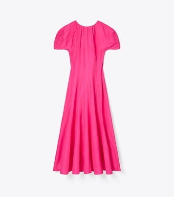 Tory Burch designer dresses Balloon Sleeve Linen Dress in Bold Pink front
