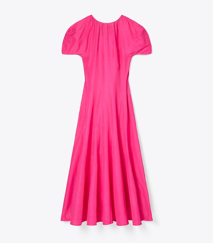 Tory Burch designer dresses Balloon Sleeve Linen Dress in Bold Pink front