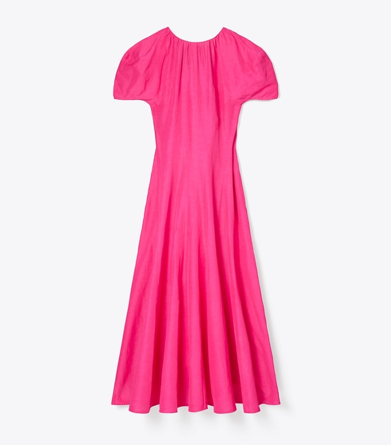 Tory Burch designer dresses Balloon Sleeve Linen Dress in Bold Pink front