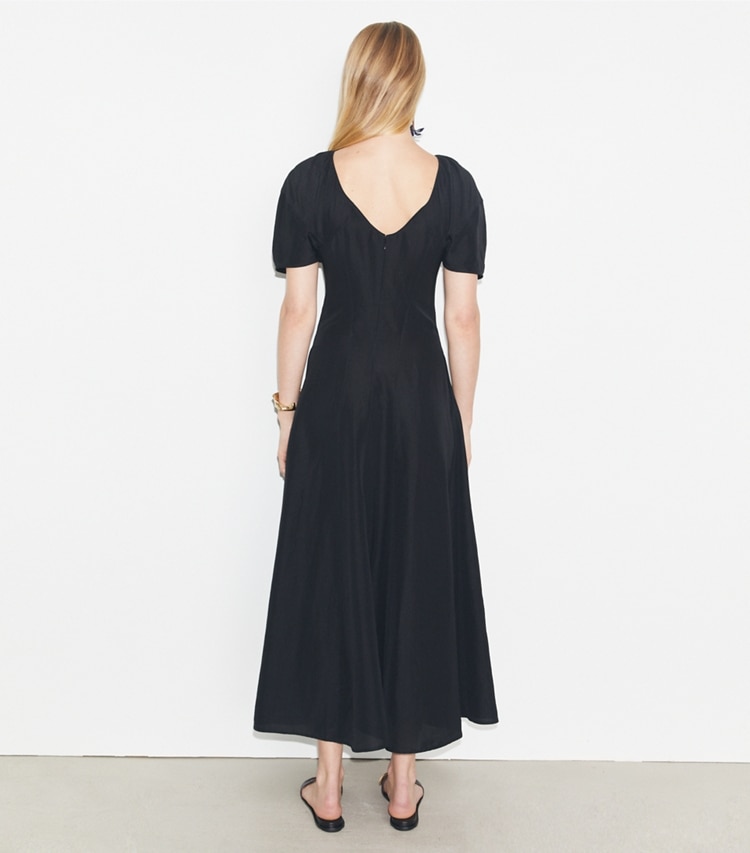 Tory Burch designer dresses Balloon Sleeve Linen Dress in Black on model back