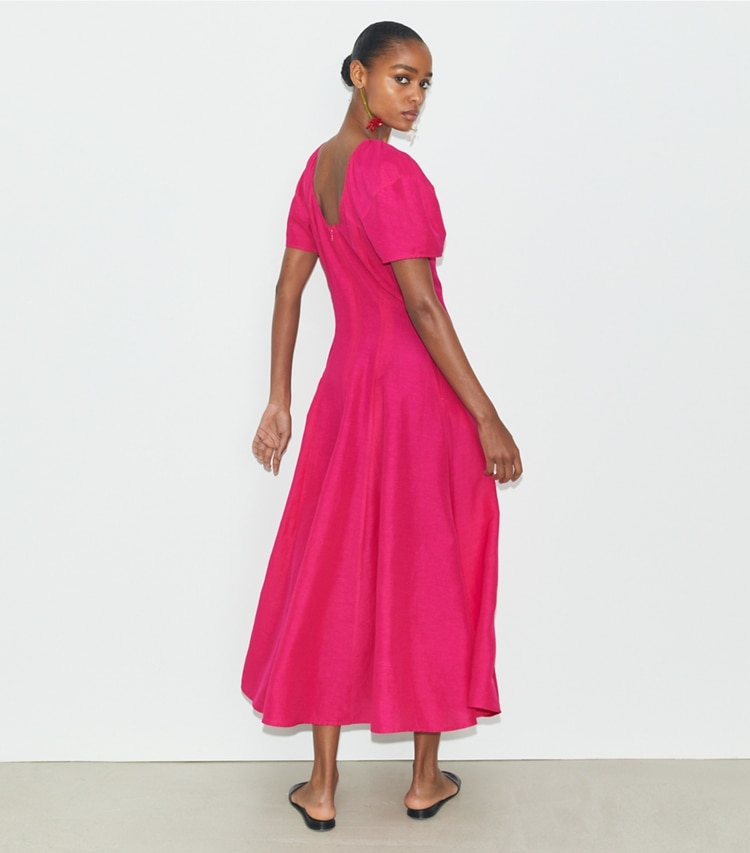 Tory Burch designer dresses Balloon Sleeve Linen Dress in Bold Pink on model back