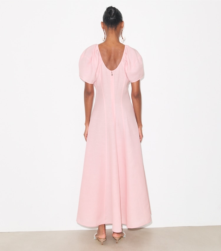 Tory Burch designer dresses Balloon Sleeve Linen Dress in Light Pink on model back