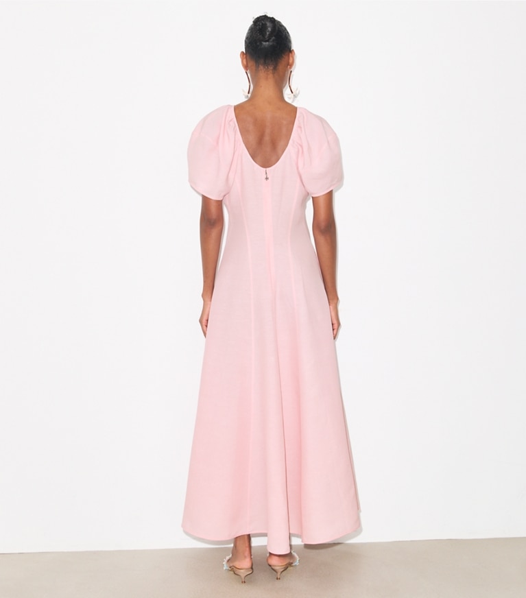 Tory Burch designer dresses Balloon Sleeve Linen Dress in Light Pink on model back