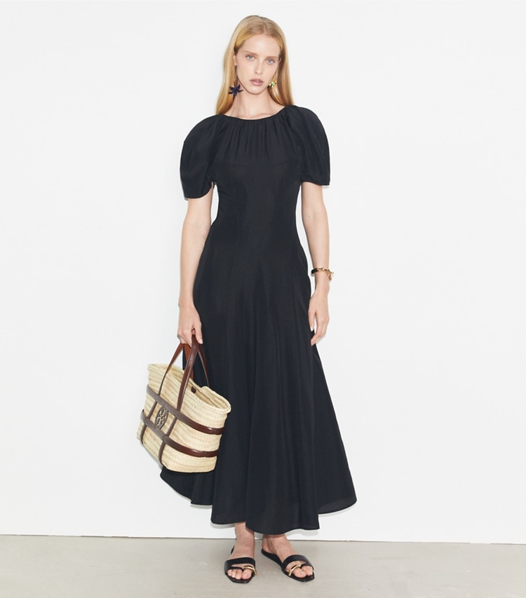 Tory Burch designer dresses Balloon Sleeve Linen Dress in Black on model front